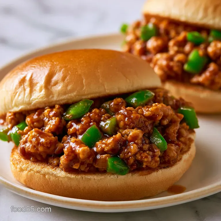 Two toasted buns filled with saucy ground meat, served on a wooden board with fresh pickle slices and a sprig of parsley.