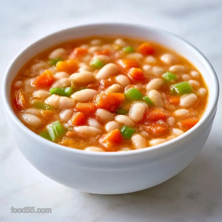 A shallow white bowl of hearty bean stew topped with a swirl of olive oil and a sprig of fresh green parsley.