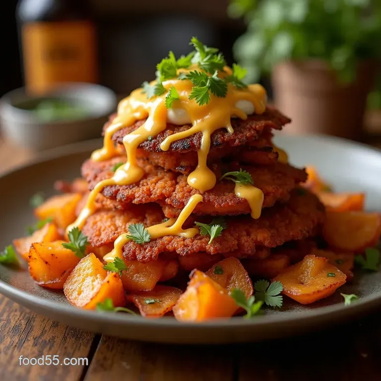 The Blarney Stone Stack Crispy Sweet Potato Rounds with Smoked Cheddar Irish Whiskey Glazed Bacon presentation