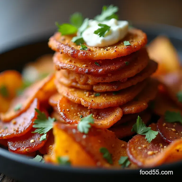 The Blarney Stone Stack Crispy Sweet Potato Rounds with Smoked Cheddar Irish Whiskey Glazed Bacon
