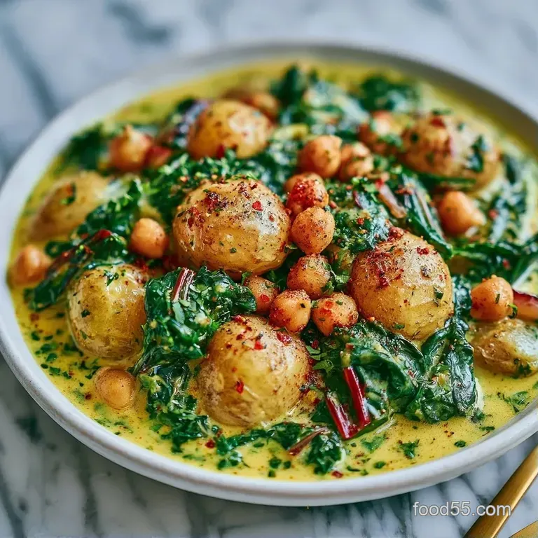 A shallow ceramic bowl of creamy greens and golden sauce served with fluffy white rice and a sprig of fresh cilantro.