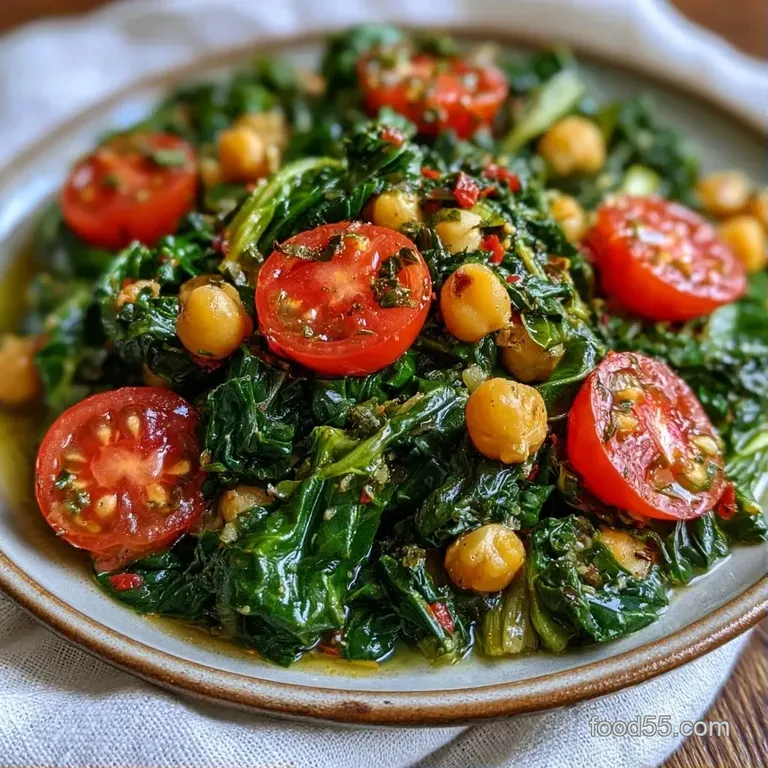 Vibrant green wilted leaves and ivory chickpeas served in a matte white bowl with a drizzle of golden olive oil.