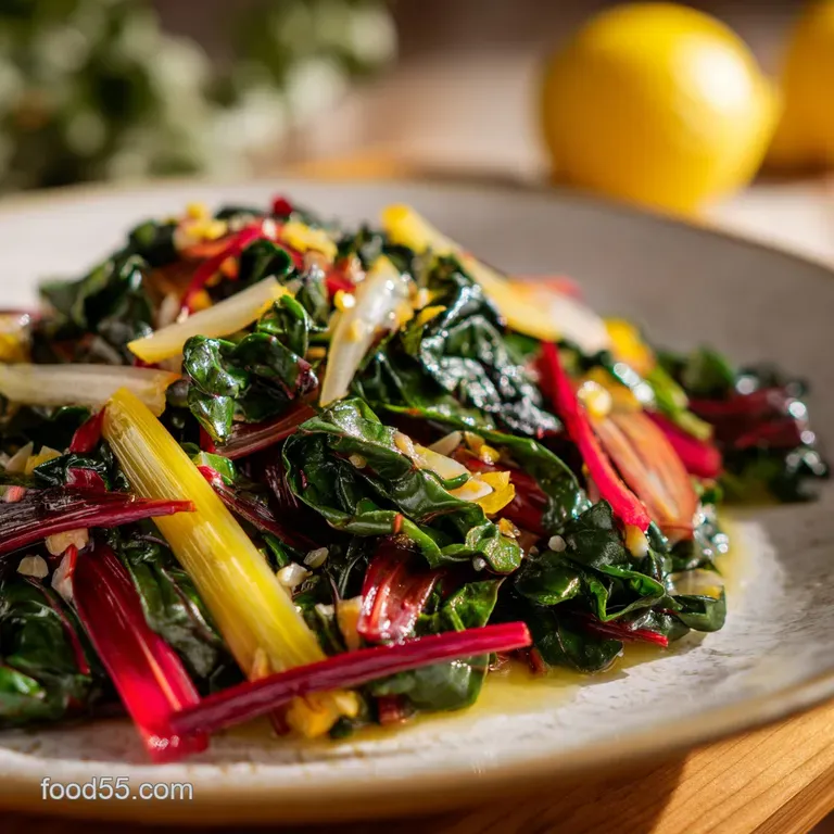 Elegant pile of silky dark green leaves glistening with olive oil and garnished with bright lemon zest