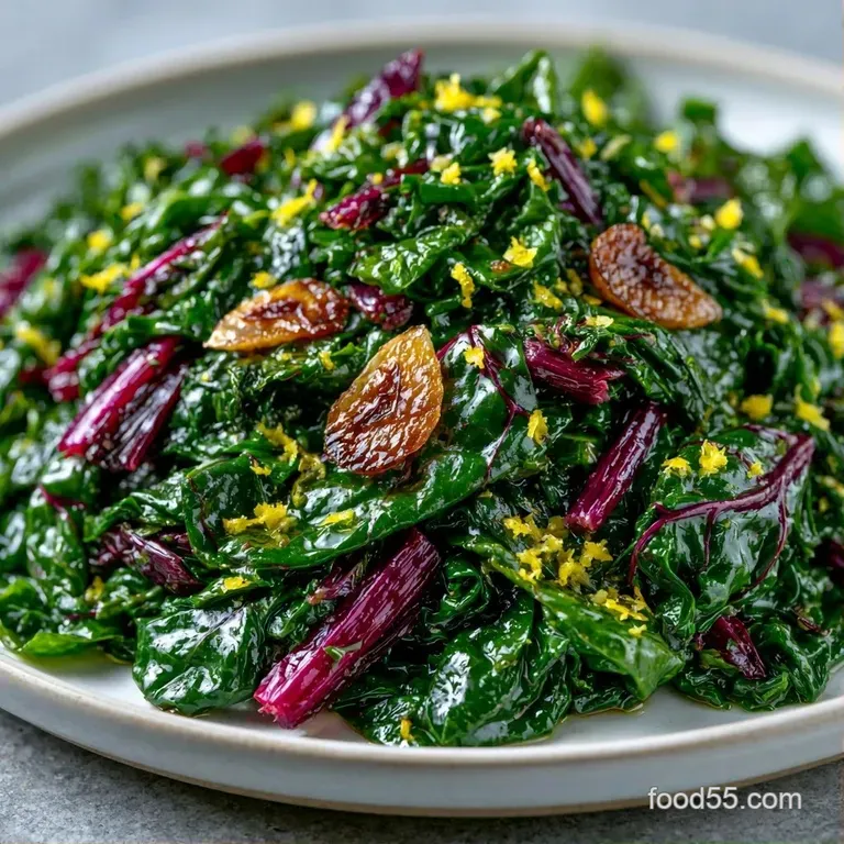 Vibrant green wilted greens topped with bright yellow lemon zest and red chili flakes on a white ceramic plate.