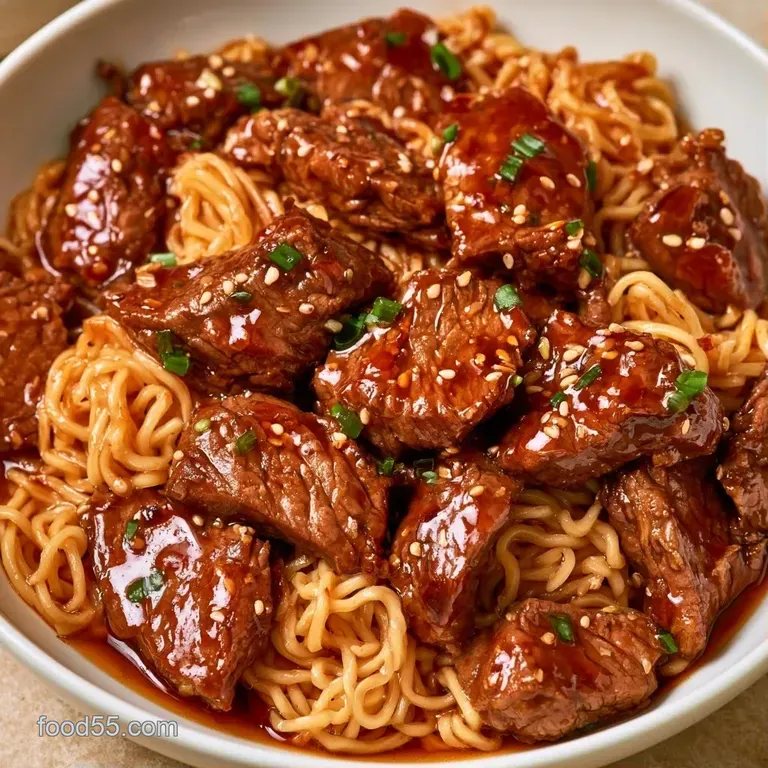 Dark stoneware bowl filled with rich brown broth, tender beef strips, and bright green scallions on a wooden table.