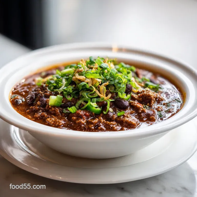 Steaming chili ladled into a rustic bowl, garnished with a dollop of sour cream, chopped green onions, and a sprinkle of r...