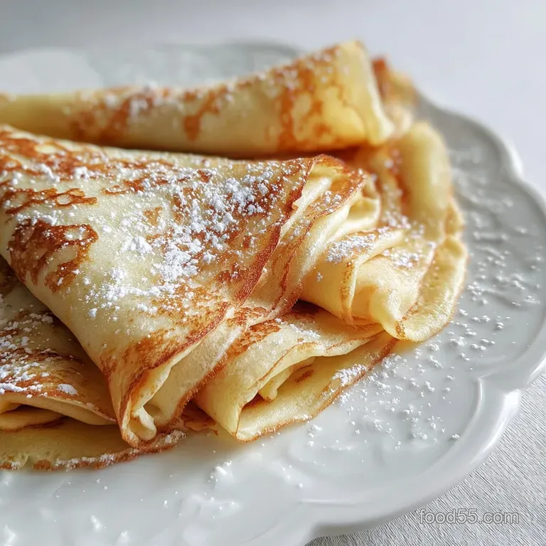 Thin crepe, lightly browned with caramelized edges, elegantly folded and sprinkled with vanilla sugar on a white plate.