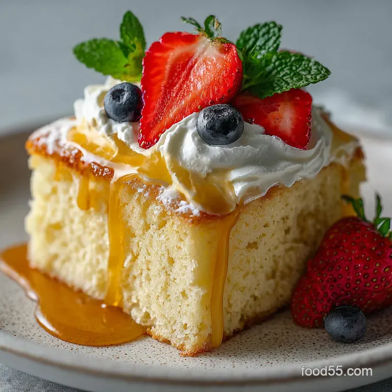 Elegant slice of tres leches cake on a white plate; creamy, moist interior with visible milk saturation, and a dollop of w...