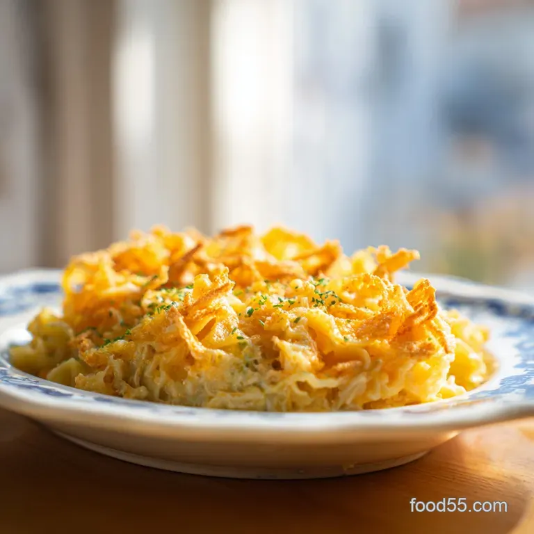 A spoonful of warm tuna noodle casserole shows the creamy sauce, tender noodles, tuna flakes, and peas in a comforting por...