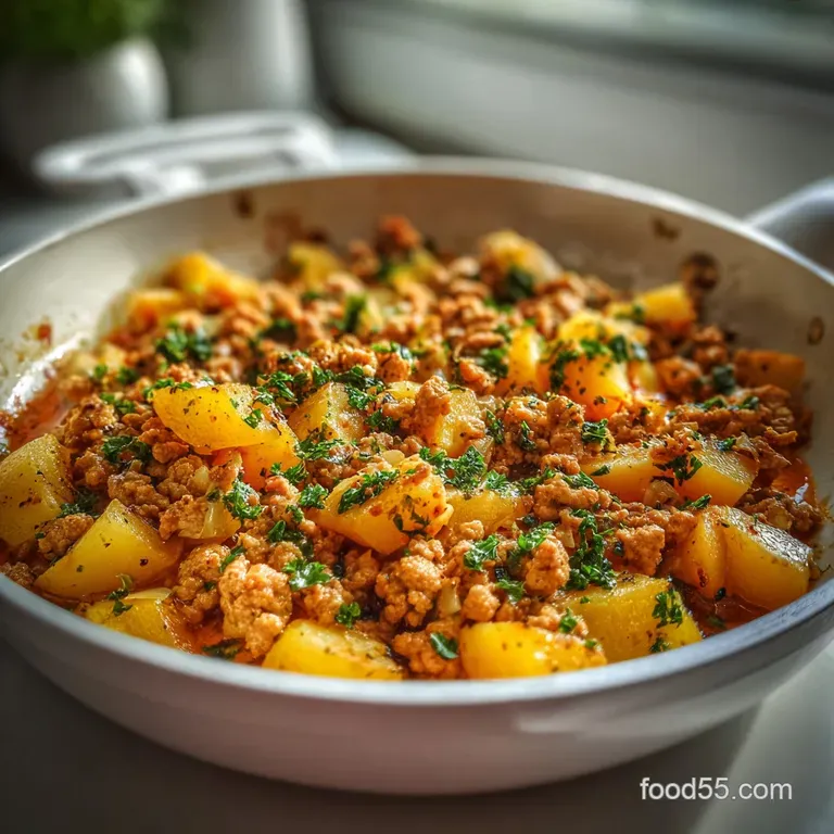 A scoop of turkey and potato skillet with a dollop of sour cream and a sprinkle of parsley, steaming gently.