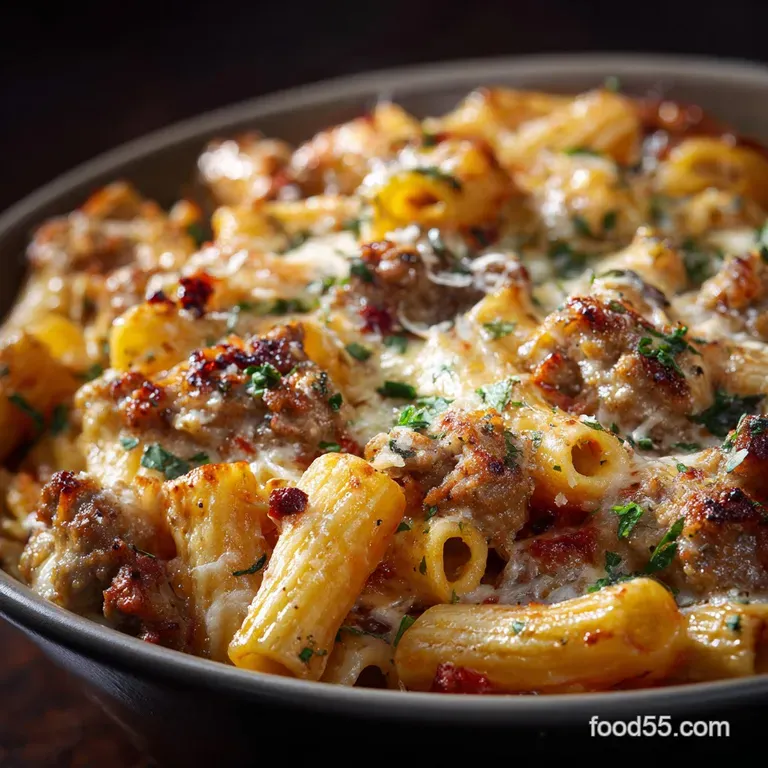 The Ultimate Sausage and Threecheese Rigatoni Bake presentation