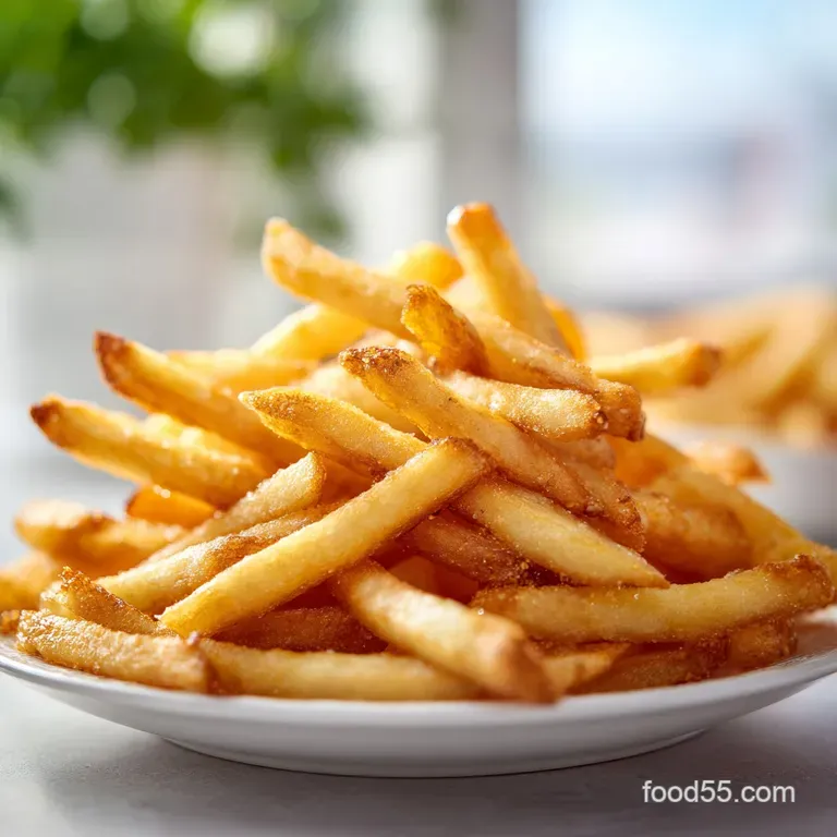A steaming serving of perfectly fried potato strips artfully arranged in a paper cone, ready to enjoy.