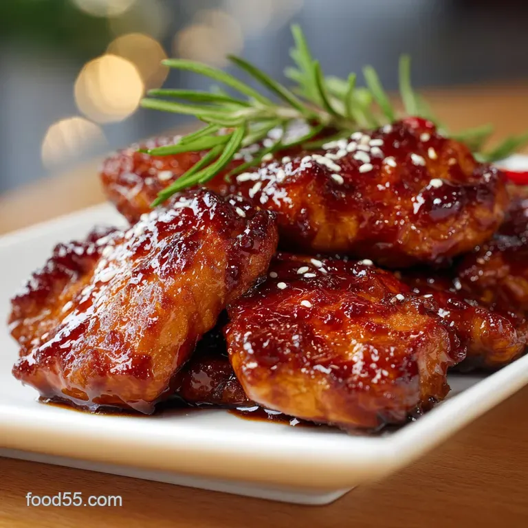 Glossy glazed chicken thighs served in a white ceramic bowl with sliced scallions and toasted sesame seed garnishes.