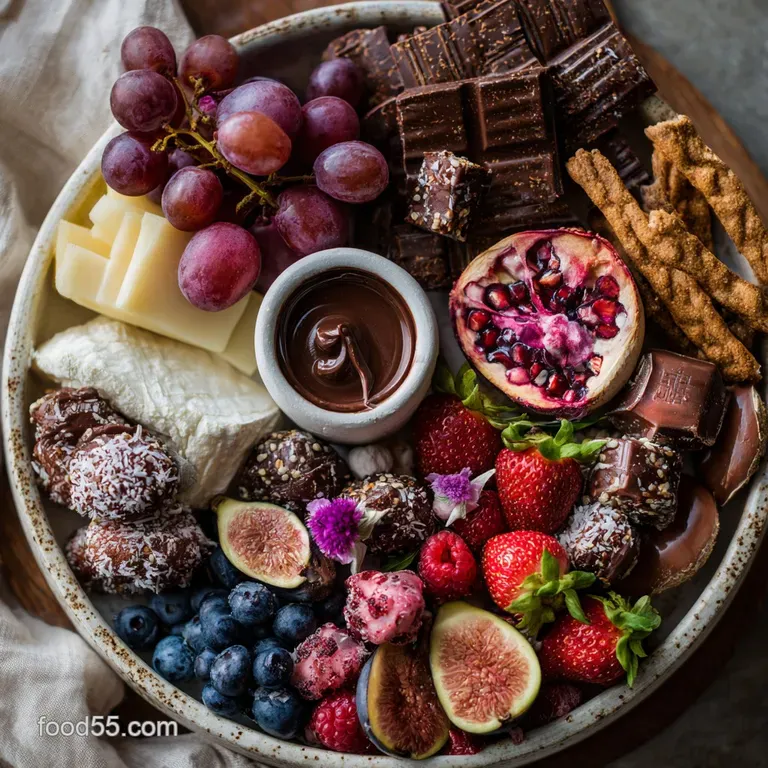 Artfully arranged Valentine's board featuring vibrant red strawberries, rich chocolates, and assorted fruits attractively ...