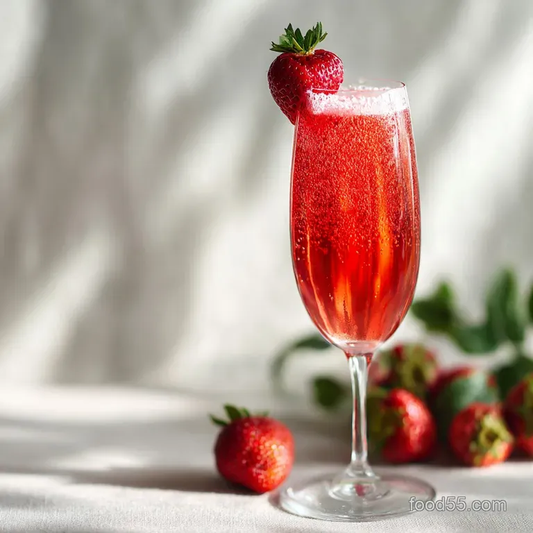 A perfectly poured pink cocktail with a sliced strawberry balanced on the rim of a stemmed glass, suggesting a Valentine's...