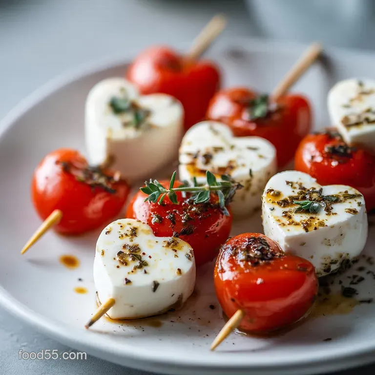 Elegant display of mini Caprese skewers on a tiered serving platter. Red tomatoes, green basil, and white mozzarella balls.