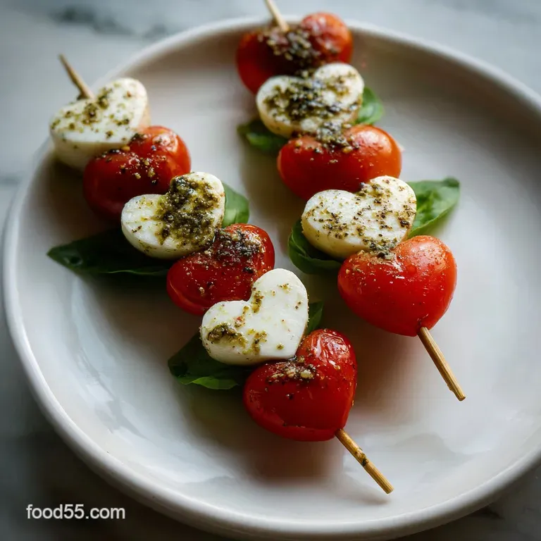 Overhead shot of vibrant mini Caprese skewers, glistening with balsamic glaze, arranged on a white platter. Fresh, bright ...
