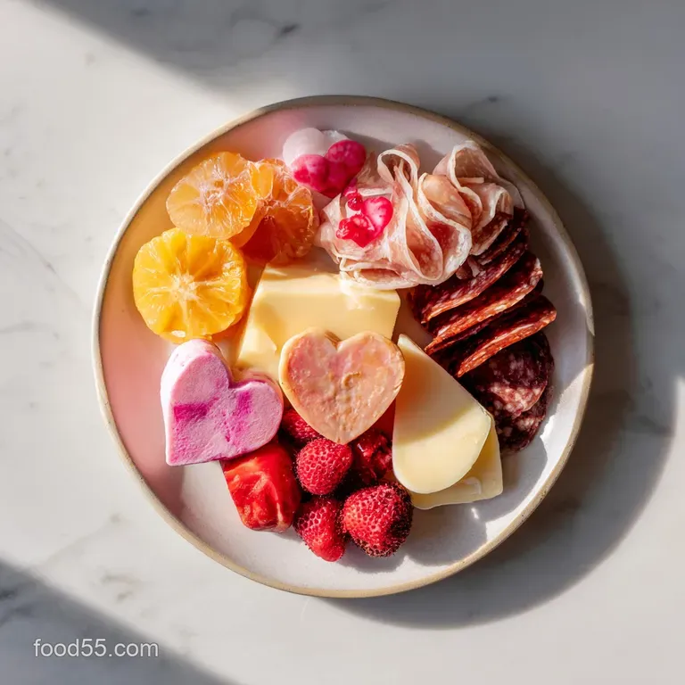 Elegant charcuterie board with pink cured meats, ruby-red strawberries, and creamy cheeses arranged artfully for Valentine...