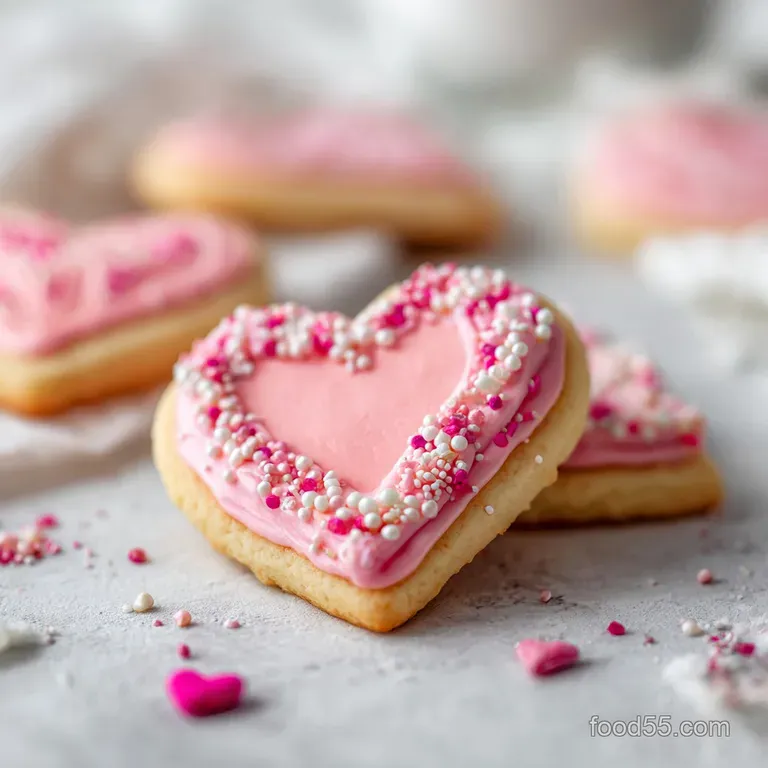 Elegant stack of pink iced heart cookies, adorned with sugary pearls, resting on a linen napkin. A Valentine's Day gift.