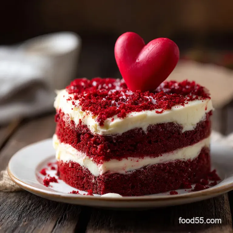 Slice of ruby red cake with cream cheese frosting, plated beautifully. Soft crumbs & rich color suggest a moist, decadent ...