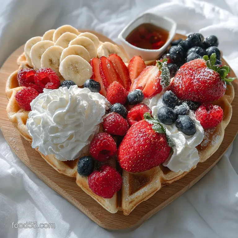 Crisp waffles arranged on a plate, dusted with powdered sugar and topped with vibrant red strawberries and a drizzle of da...