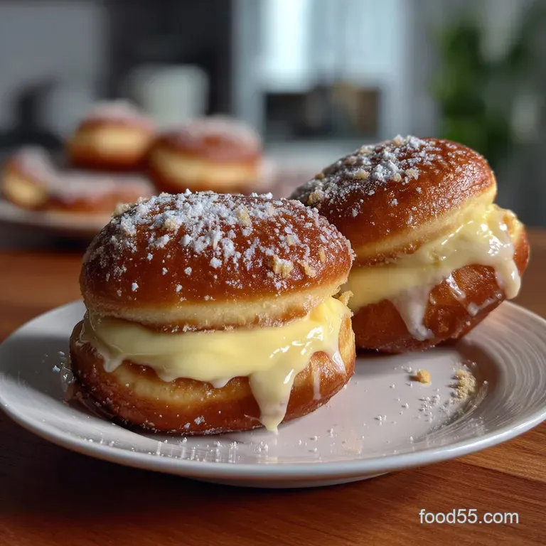 Elegant plate with a glazed donut, vanilla custard filling oozing, surrounded by a scattering of fresh berries and a drizz...