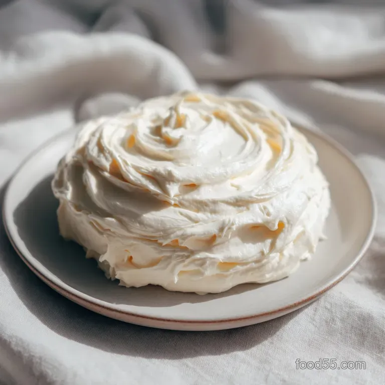 A pristine dollop of whipped frosting, perfectly smooth and luminous, resting elegantly on a dark plate.
