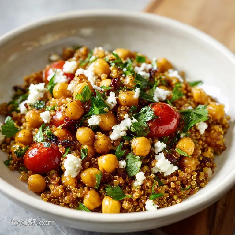 Close-up of roasted chickpeas glistening with oil and spices, nestled amongst colorful bell peppers and leafy greens on a ...