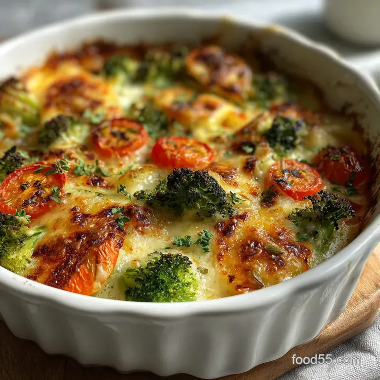 Serving of veggie casserole with golden-brown crust, vibrant green beans, and diced carrots, garnished with fresh parsley ...