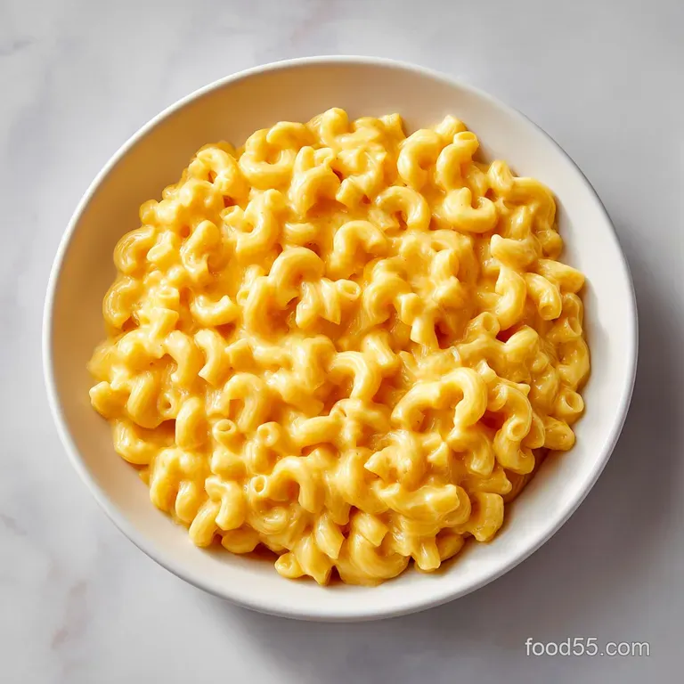 Creamy mac and cheese in a white bowl, garnished with herbs. Cheesy steam rises, hinting at warmth and comfort.