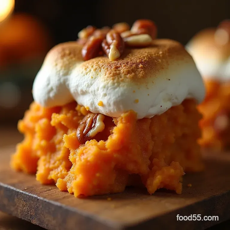 Grandmas Secret Weapon Velvety Sweet Potato Casserole with Praline Marshmallow Topping presentation