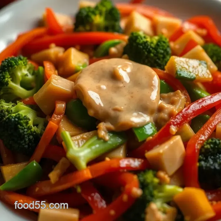 Vibrant Vegetable Stir-Fry with Peanut Sauce presentation
