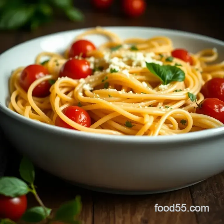 Vintage Herb-Infused Pasta with Roasted Cherry Tomatoes presentation
