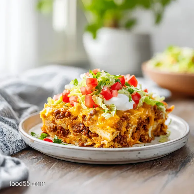A scoop of walking taco casserole with fluffy rice, topped with shredded lettuce, pico de gallo, and a dollop of sour cream.