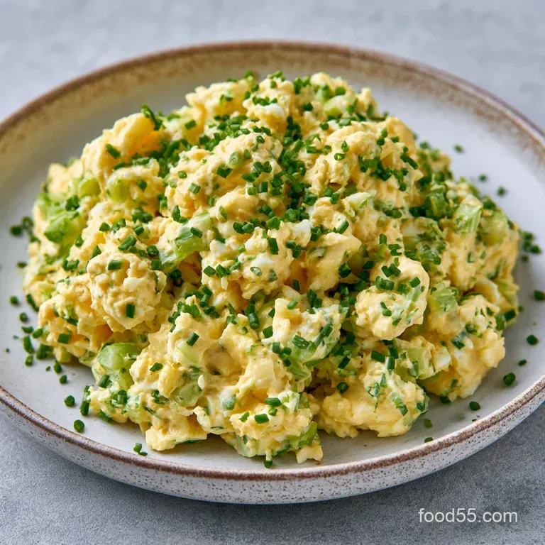 A neat scoop of creamy egg salad atop toasted whole grain bread, garnished with a fresh sprig of green parsley.
