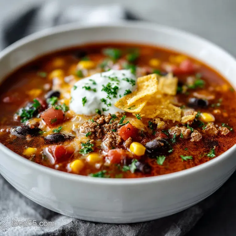 Elegantly plated taco soup with a swirl of sour cream, a sprinkle of fresh cilantro, and a crispy tortilla chip garnish. C...