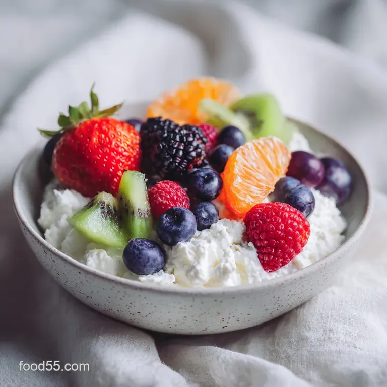 A bright white bowl filled with fluffy cottage cheese and a colorful medley of fresh fruit.