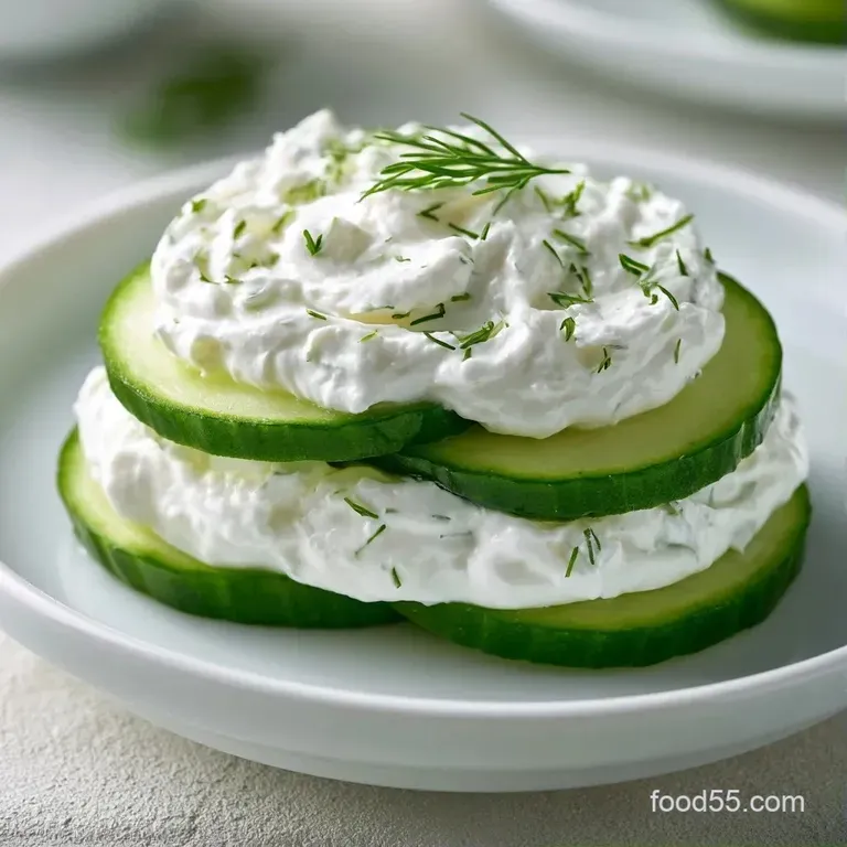 Neatly stacked square tea sandwiches with creamy white filling and translucent cucumber rounds on a silver platter.