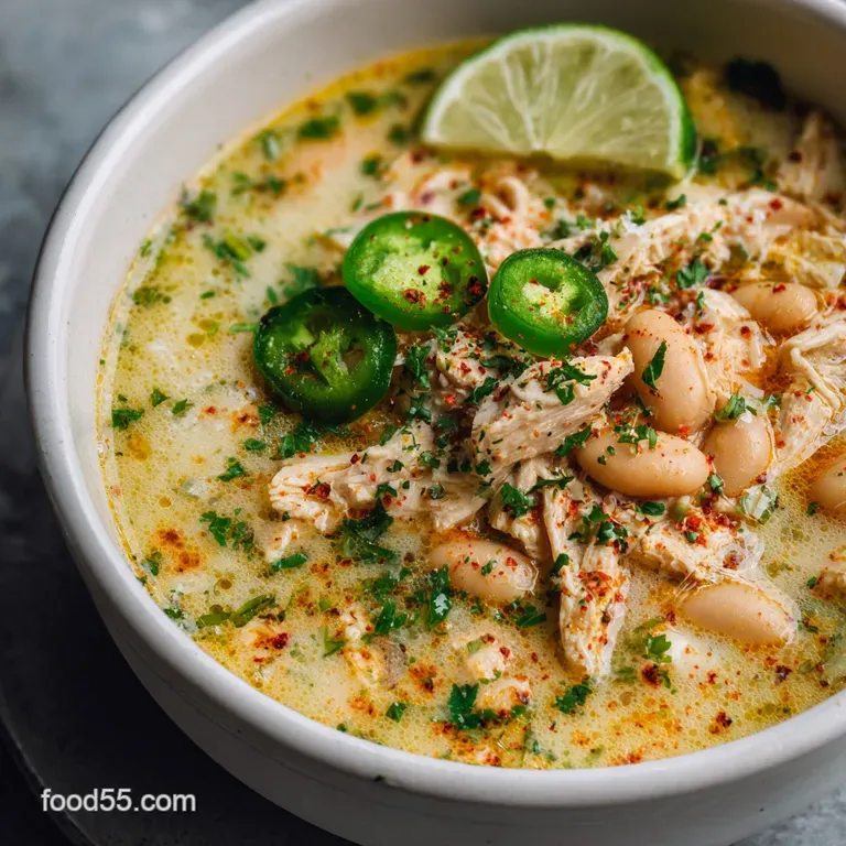 Elegant bowl of white chicken chili, garnished with vibrant green cilantro, a zesty lime wedge, and crunchy tortilla strips.