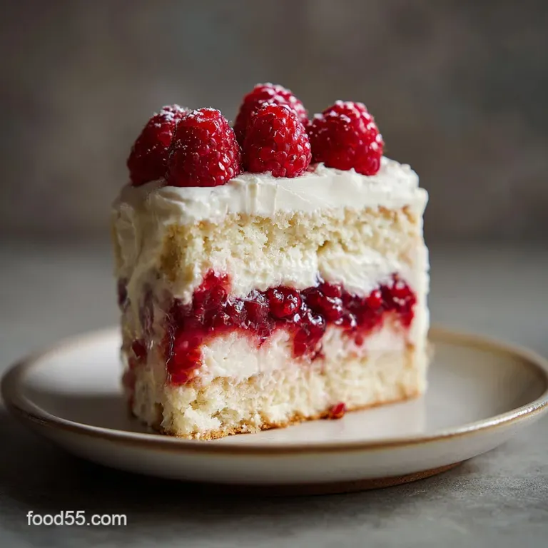 A generous slice of white chocolate cake reveals layers of soft crumb and bright raspberry filling, topped with white choc...