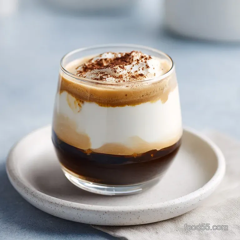 Frothy white Russian in a short glass, dusted with cocoa powder, alongside a metal shaker and coffee beans on a dark surface.