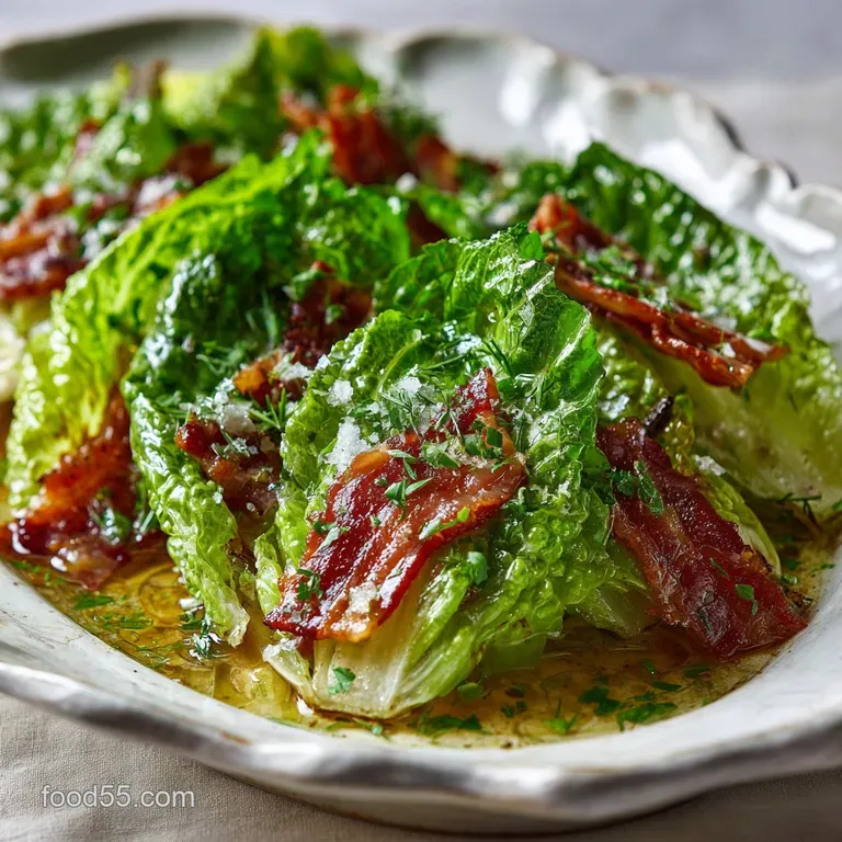 Vibrant green lettuce salad with crispy bacon bits. Warm dressing creates a slight wilt, enhancing texture and flavor.