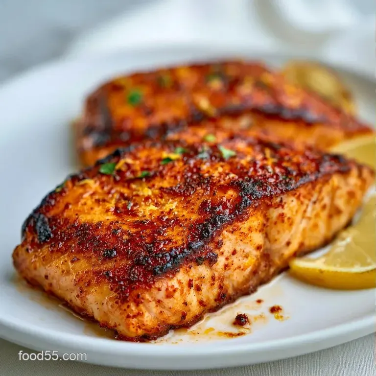 Perfectly seared pink salmon fillet plated with crisp asparagus and a drizzle of glossy, melted lemon butter.