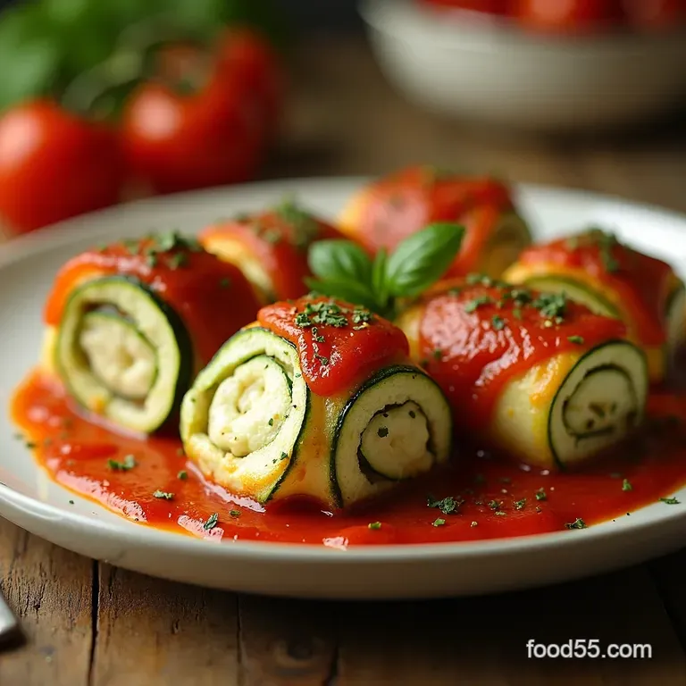 Zucchini Rollatini with Herbed Ricotta and Marinara presentation