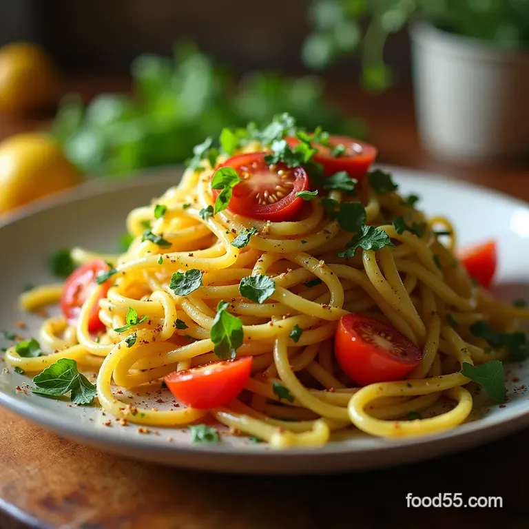 Summer Garden Zoodle Salad with Burst Tomato Vinaigrette presentation